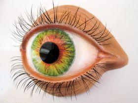 Ojo gigante de iris verde y anaranjado, con pestañas largas y un párpado de color piel